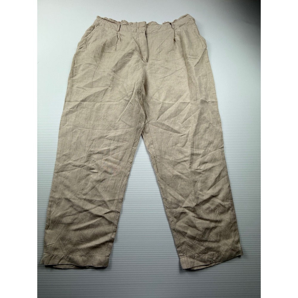 Loft Beige Linen Blend‎ Straight Leg Pants Womens Large Paperbag Waist Pleated